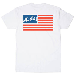 White t-shirt with 'Hockey' and American flag design on a white background