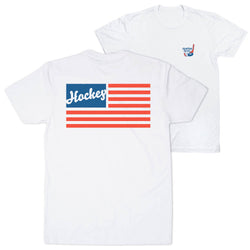 Two white t-shirts with 'Hockey' and American flag design on a white background