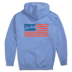 Light blue hoodie with 'Hockey' text and American flag design on the back against a white background