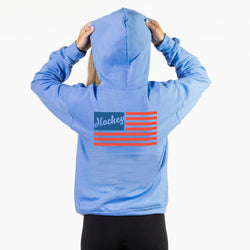 Person wearing a blue hoodie with 'Hockey' and an American flag design on the back, against a white background.