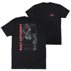 Black t-shirt with hocky graphic design and text 'Built Different' on a white background