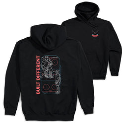 Black hoodie with front and back hockey designs on a white background