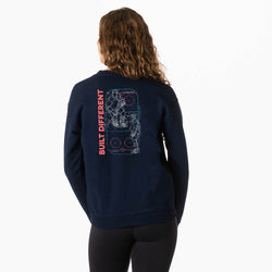 Person wearing a navy blue sweatshirt with a hockey design and text on the back, on a white background