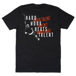 Black t-shirt with hockey graphic design and text on a white background