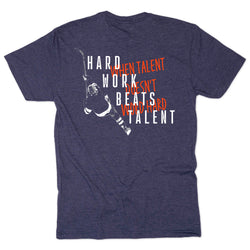Navy blue t-shirt with motivational quote and graphic of a person playing hockey on a white background