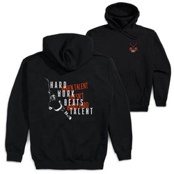 Black hoodie with motivational hockey quote on the back, displayed from front and back views.