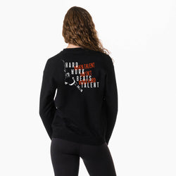 Person wearing a black sweatshirt with motivational text on the back, on a white background