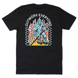 Black t-shirt with a graphic of a hockey player and text 'Outwork Everyone' on a white background