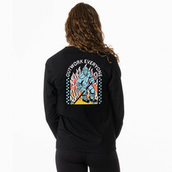Person wearing a black sweatshirt with a colorful hockey graphic and text on the back against a white background