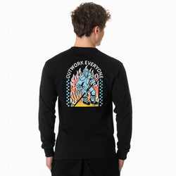 Person wearing a black long-sleeve shirt with a colorful hockey graphic and text on the back, on a white background.