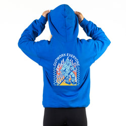 Blue hoodie with a graphic design on the back against a white background