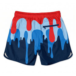 Shorts with red and blue paint effect on a white background