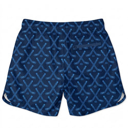 A pair of navy blue athletic shorts featuring an all-over pattern of crossed hockey sticks in various shades of blue, shown against a plain white background.