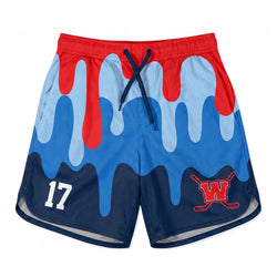 Blue and red athletic shorts with a hockey logo and number on a white background