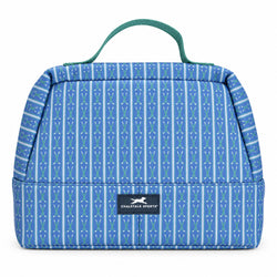 A blue hockey patterned accessory bag with a green top handle and a navy Chalktalk Sports logo patch on the front, set against a plain white background.