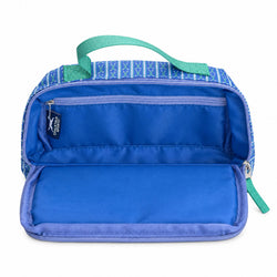 An open blue and green patterned accessory bag with a bright blue interior, shown on a white background.