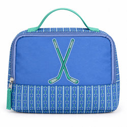 A blue and teal accessory bag with a top handle, featuring a crossed hockey sticks graphic on the front and a patterned lower panel.
