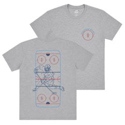 Two heather gray short-sleeve t-shirts shown on a white background, displaying the front and back views. The back features a large graphic of an ice hockey goalie inside a blue and red rink play diagram.