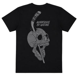 A black short-sleeve t-shirt with a large graphic on the back featuring a gray skull, a knife in its eye socket, and the text 'AGGRESSIVE BY NATURE' in white.