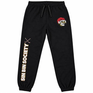 Black sweatpants with a drawstring waist, featuring a red and white skull graphic on the right hip and 'SIN BIN SOCIETY' text with crossed hockey sticks printed down the left leg.