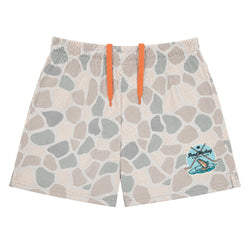 A pair of shorts featuring a stone-patterned print in beige, gray, and brown tones, with bright orange drawstrings and a blue 'Pond Hockey' graphic on the lower left leg.