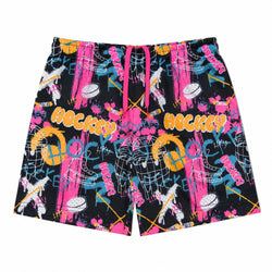 Black hockey-themed shorts with a vibrant multicolor graffiti-style print featuring pink, orange, blue, and white elements, including the word 'HOCKEY' and sports equipment.