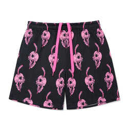 Black athletic shorts with a pink skull and hockey sticks pattern, featuring a bright pink drawstring waistband, shown flat on a white background.