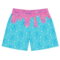 A pair of shorts featuring a bright turquoise blue base with a repeating pattern of crossed hockey sticks, accented by a large pink dripping frosting graphic across the upper back waistband with colorful sprinkle details.