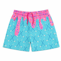 A pair of shorts in turquoise blue with a repeating pattern of crossed hockey sticks and a bright pink 'melting icecream' graphic across the waistband and upper legs, featuring a pink drawstring.