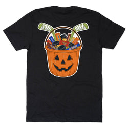 A black short-sleeve t-shirt with a large graphic on the back depicting a jack-o'-lantern bucket filled with candy and hockey pucks, shown against a plain white background.