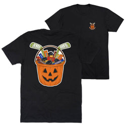Black short-sleeve t-shirt shown from both front and back. The back features a large graphic of a jack-o'-lantern bucket filled with candy and hockey pucks, and the front has a small matching chest graphic.