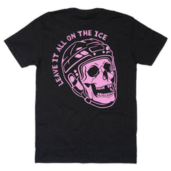 A black short-sleeve t-shirt with a large graphic on the back featuring a pink skull wearing a hockey helmet, with the text 'LEAVE IT ALL ON THE ICE' arched above it, shown on a plain white background.