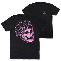 Black short-sleeve t-shirt shown from both front and back. The front features a small pink chest logo, and the back features a large pink graphic of a hockey skull wearing a helmet with the text 'LIVE IT ALL ON THE ICE'.