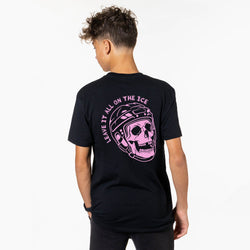 A man wearing a black t-shirt from the back, featuring a pink graphic of a skull in a hockey helmet with the text 'LEAVE IT ALL ON THE ICE' printed on the back.