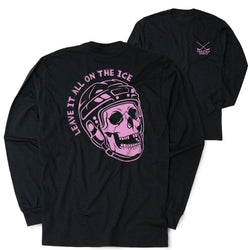 Black long-sleeve t-shirt shown from the back, featuring a large pink graphic of a hockey player's skull wearing a helmet with the text 'LEAVE IT ALL ON THE ICE' arched above it. A smaller matching pink logo is visible on the left chest of the front view shown behind it.