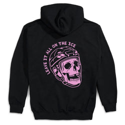 A black hoodie shown from the back, featuring a large graphic print of a pink skull wearing a hockey helmet with the text 'LEAVE IT ALL ON THE ICE' arched above it.