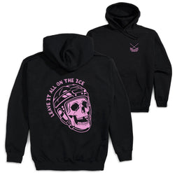 Black pullover hoodie shown from the back and front on a white background. The back features a large pink graphic of a skull wearing a hockey helmet with the text 'LEAVE IT ALL ON THE ICE' arched above it.