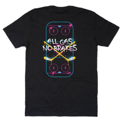 A black short-sleeve t-shirt with a graphic on the back depicting a neon hockey rink crossed by the text 'ALL GAS NO BRAKES' in white, with yellow crossed sticks and pink and blue accents.
