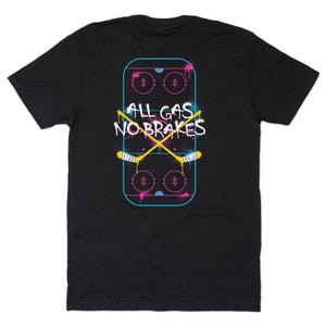 A black short-sleeve t-shirt with a graphic on the back depicting a neon hockey rink crossed by the text 'ALL GAS NO BRAKES' in white, with yellow crossed sticks and pink and blue accents.