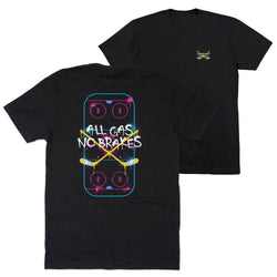 Two black short-sleeve t-shirts shown on a white background, with the front and back views overlapping. The back shirt features a large graphic of a hockey rink with crossed hockey sticks and the text 'ALL GAS NO BRAKES' in white.