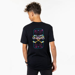 A man wearing a black t-shirt, viewed from the back. The shirt features a graphic print of a hockey rink with neon pink and blue outlines, crossed yellow hockey sticks, and the text 'ALL GAS NO BRAKES' in white.