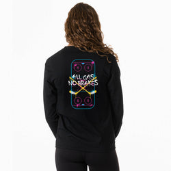 A woman viewed from behind wearing a black long-sleeve sweatshirt with a colorful graphic on the back. The graphic features a neon-style hockey rink illustration with the text 'ALL GAS NO BRAKES' in white.