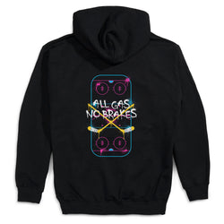 A black hoodie shown from the back, featuring a graphic print of a neon hockey rink with crossed hockey sticks and the text 'ALL GAS NO BRAKES' in white.
