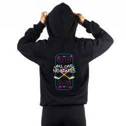A person shown from the back wearing a black hoodie with a large graphic on the back. The graphic features a pink and blue hockey rink design with crossed yellow and pink sticks and the text 'ALL GAS NO BRAKES'.