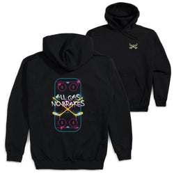 Black hoodie shown from the back and front on a white background. The back features a large graphic of a rink with crossed hockey sticks and the text 'ALL GAS NO BRAKES' in white.