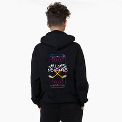 A person viewed from behind wearing a black hoodie with a colorful back graphic that reads 'ALL GAS NO BRAKES' over crossed hockey sticks and circular symbols.