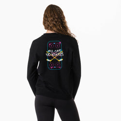 A woman viewed from the back wearing a black sweatshirt with a colorful graphic on the back. The graphic features a neon hockey rink design with the text 'ALL GAS NO BRAKES' in white.