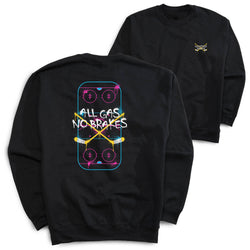 Two black crewneck sweatshirts shown on a white background, with the front view on the right and the back view on the left. The back features a large graphic of a hockey rink crossed yellow hockey sticks, and the text 'ALL GAS NO BRAKES' in white.