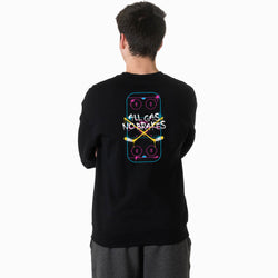 A man viewed from behind wearing a black long-sleeve sweatshirt with a colorful graphic on the back. The graphic features a blue and pink hockey rink design with the text 'ALL GAS NO BRAKES' in white, crossed with yellow and pink lines.