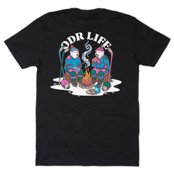 A black short-sleeve t-shirt with a colorful graphic on the front showing two cartoon polar bears sitting by a campfire under the text 'ODR LIFE'.